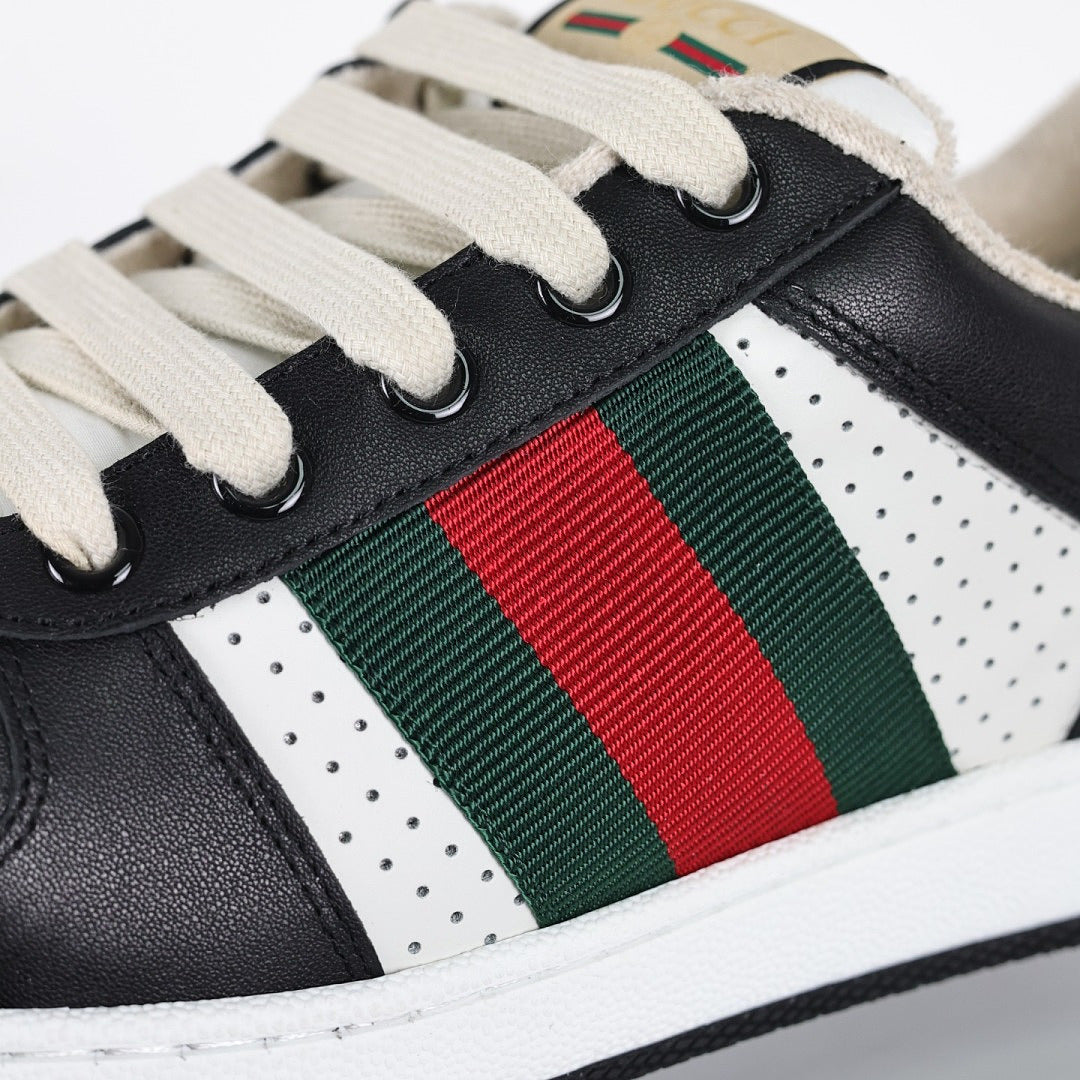 Gucci Screener Low-Top Sneakers – Black & White Leather with Web Stripe