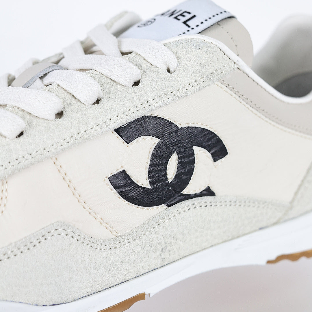 Chanel CC Logo Runner Sneakers – Cream Nylon & Suede with Caramel Sole