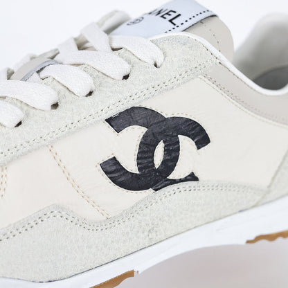 Chanel CC Logo Runner Sneakers – Cream Nylon & Suede with Caramel Sole