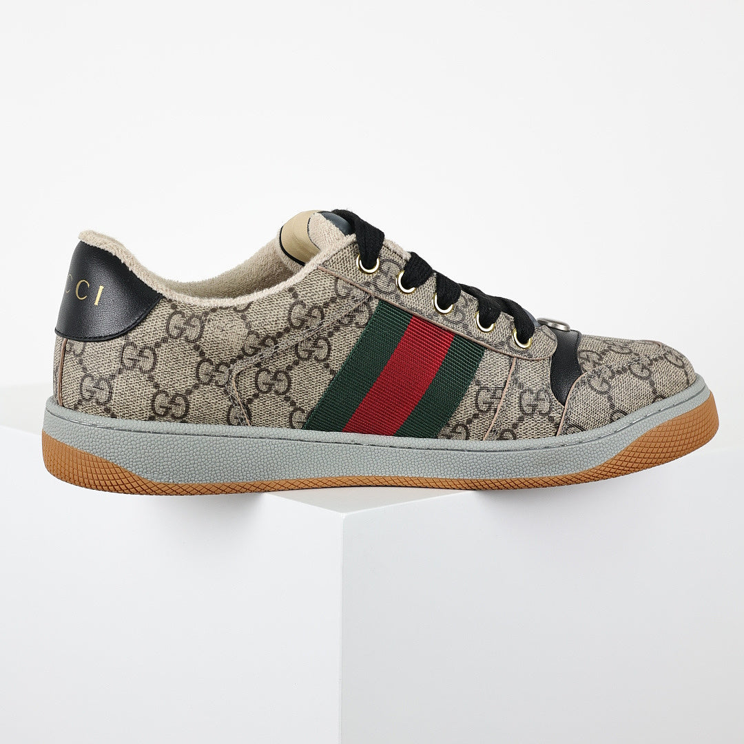 Gucci Screener Low-Top Sneakers – Full GG Supreme Canvas with Black Trim & Web Stripe