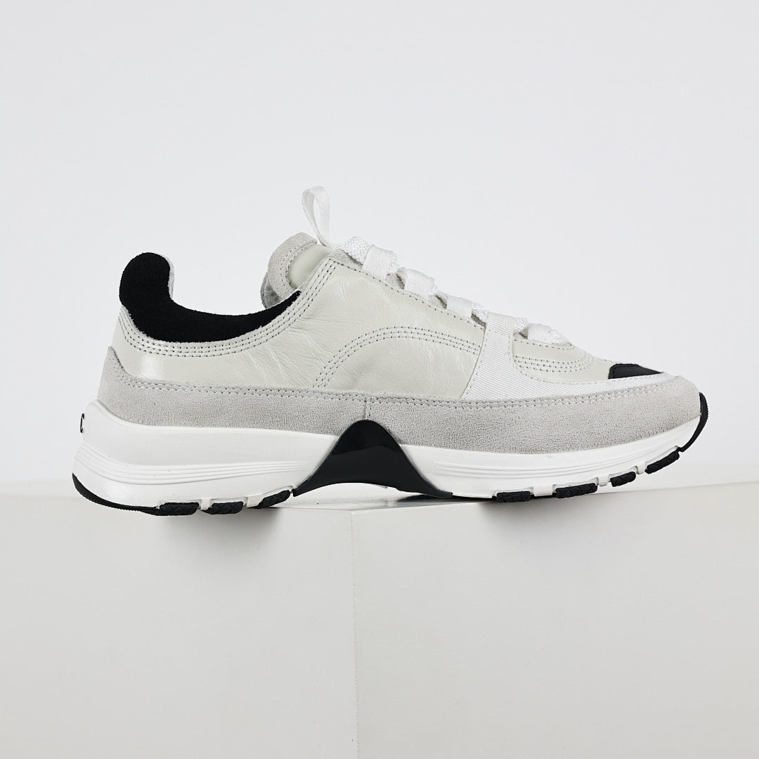 Chanel CC Logo Chunky Dad Sneakers – White Mesh & Suede with Black Rubber Accents