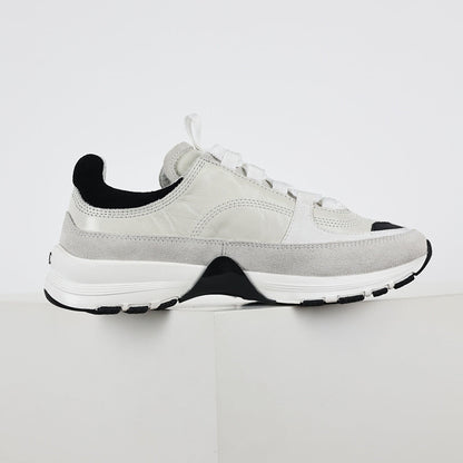Chanel CC Logo Chunky Dad Sneakers – White Mesh & Suede with Black Rubber Accents