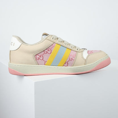 Gucci Screener Low-Top Sneakers – Pink GG Canvas with Pastel Rainbow Web Stripe