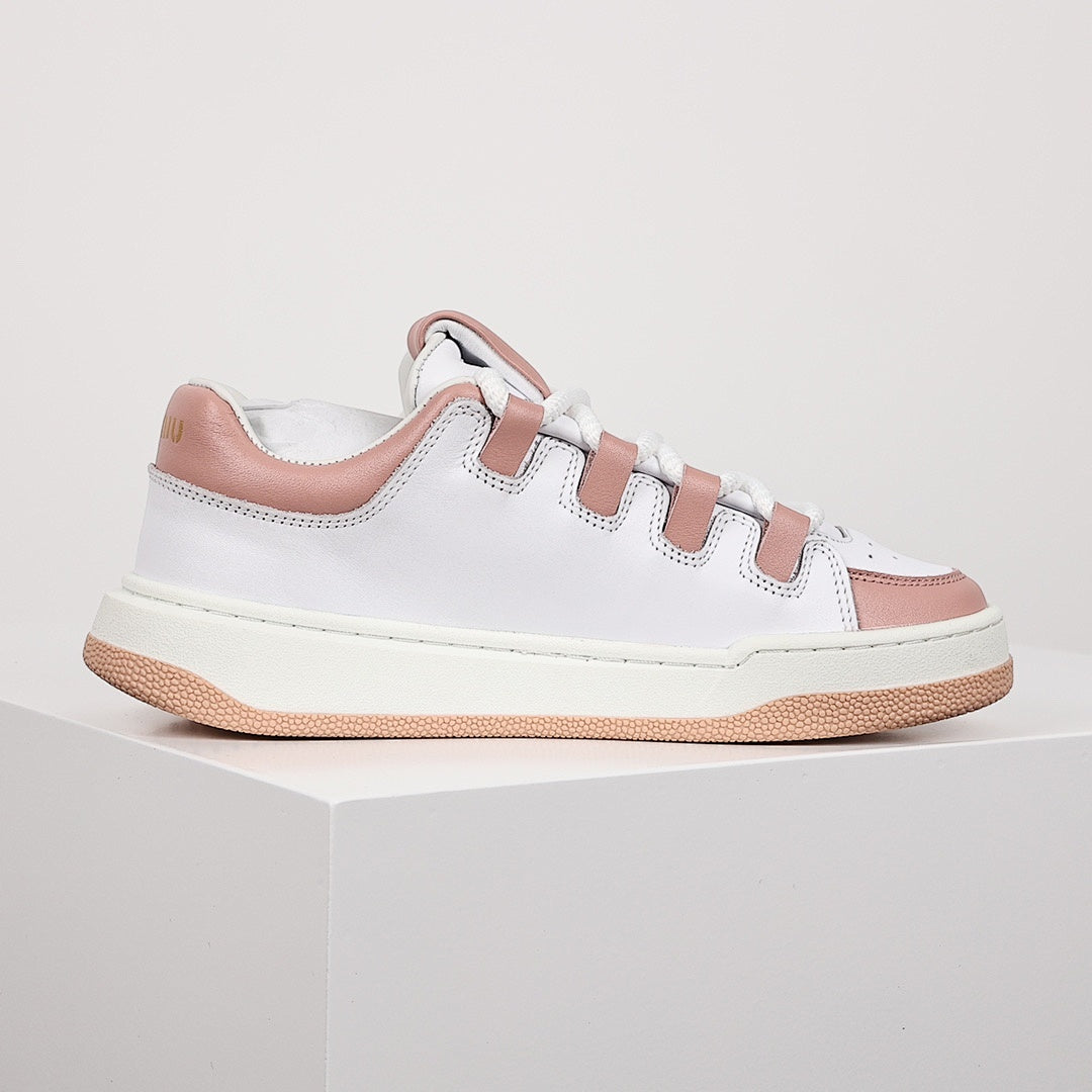 Miu Miu Oversized Lace Leather Low-Top Sneakers in White & Pink