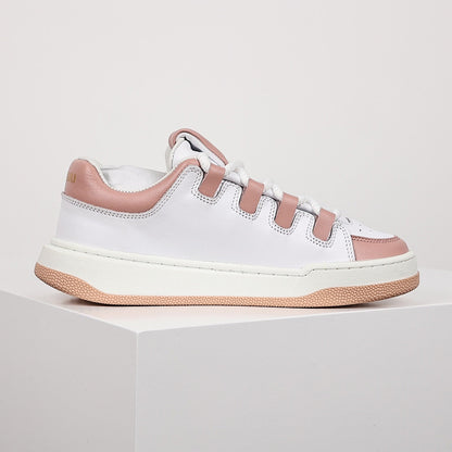 Miu Miu Oversized Lace Leather Low-Top Sneakers in White & Pink
