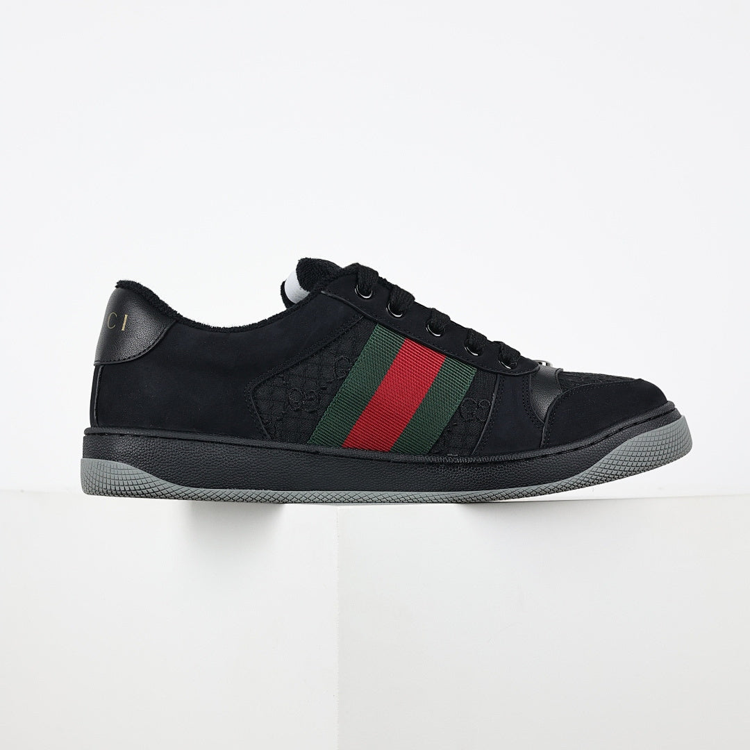 Gucci Screener Low-Top Sneakers – Triple Black GG Canvas & Suede with Web Stripe