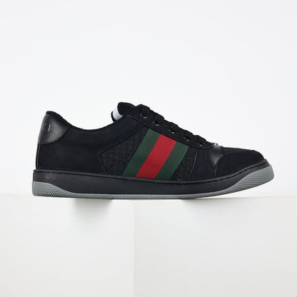 Gucci Screener Low-Top Sneakers – Triple Black GG Canvas & Suede with Web Stripe