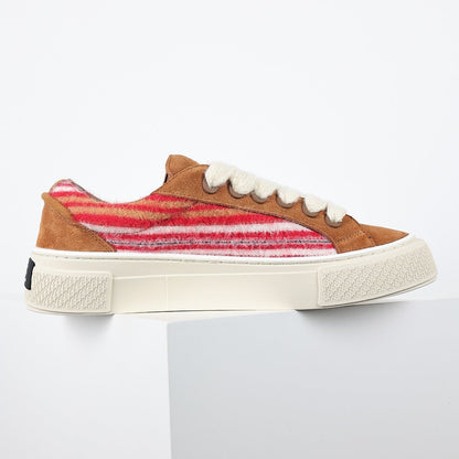 Dior B33 Low-Top Sneakers – Camel Suede & Red Stripe Knit