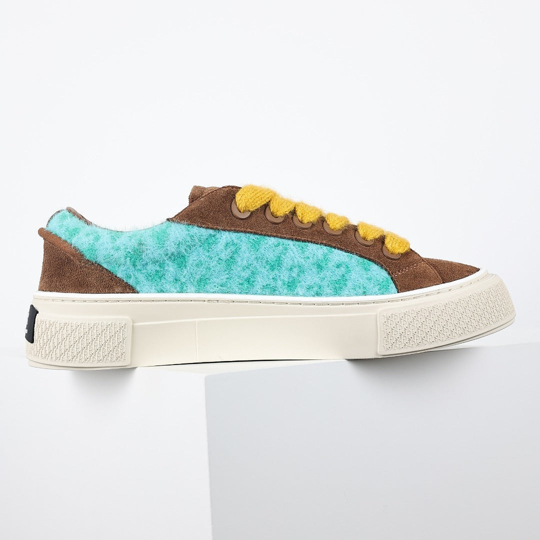 Dior B33 Low-Top Sneakers – Brown Suede & Turquoise Oblique with Yellow Laces