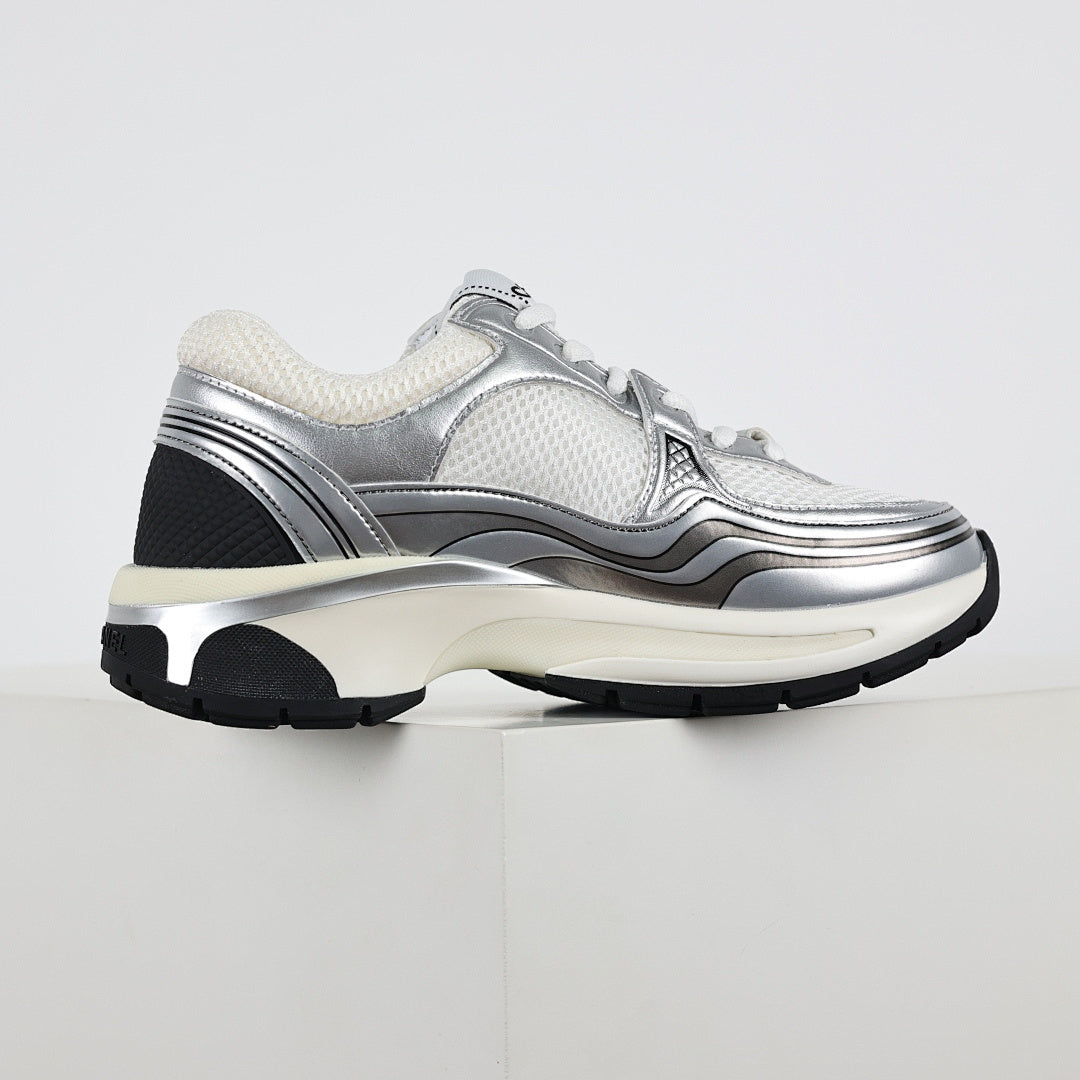 Chanel CC Logo Chunky Dad Sneakers – Silver Metallic Leather & White Mesh