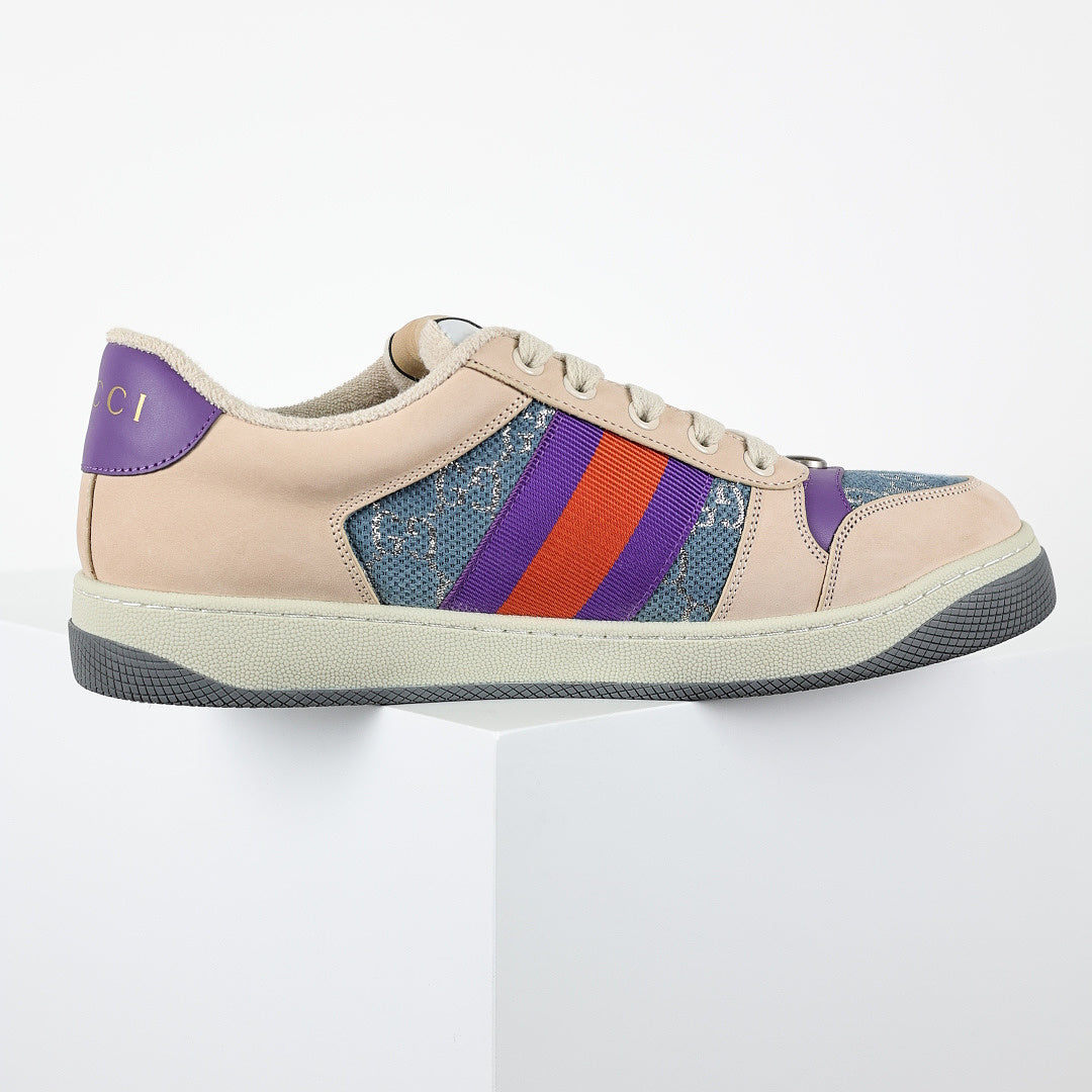 Gucci Screener Low-Top Sneakers – GG Denim Canvas with Purple Leather Trim & Web Stripe