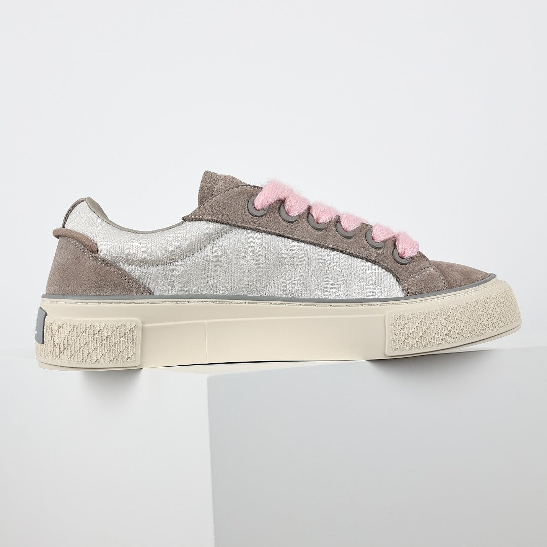 Dior B33 Low-Top Sneakers – Grey Suede & Silver with Pink Laces