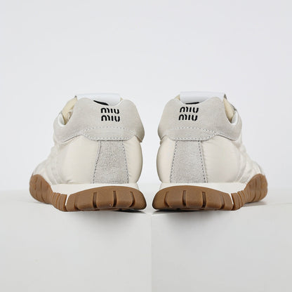 Miu Miu SS25 Quilted Nylon & Suede Sneakers in Cream