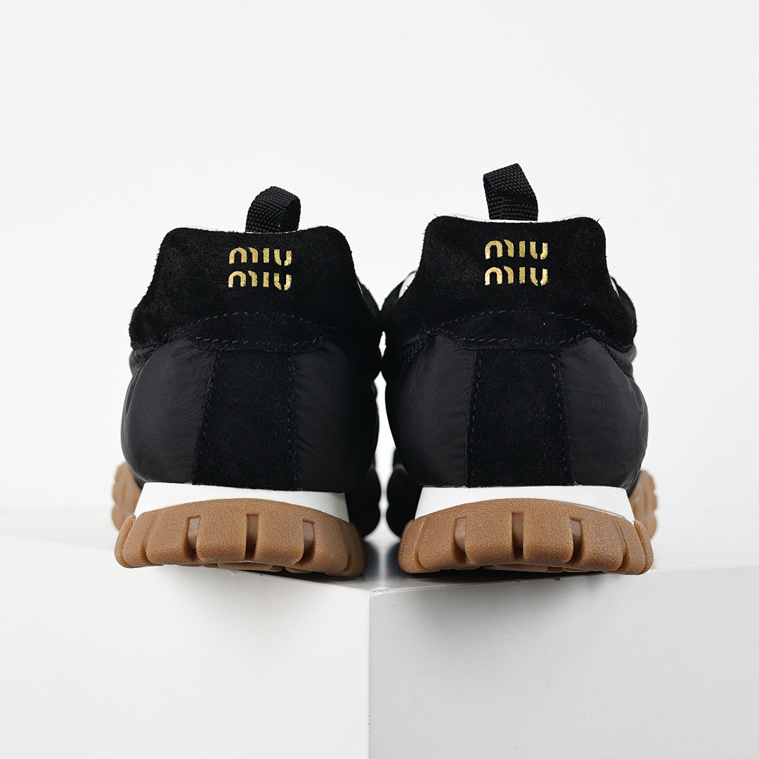 Miu Miu SS25 Quilted Nylon & Suede Sneakers in Black