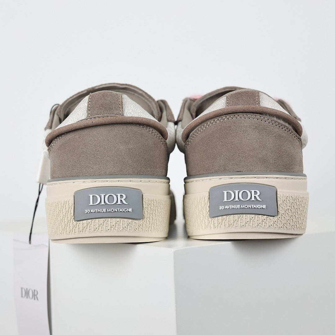 Dior B33 Low-Top Sneakers – Grey Suede & Silver with Pink Laces