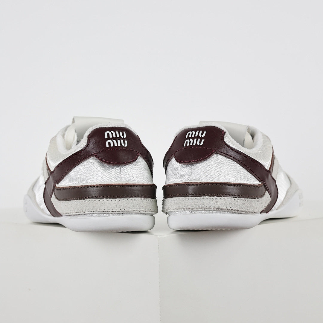 Miu Miu Suede & Satin Trainer Sneakers in White & Brown
