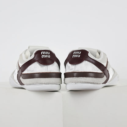 Miu Miu Suede & Satin Trainer Sneakers in White & Brown