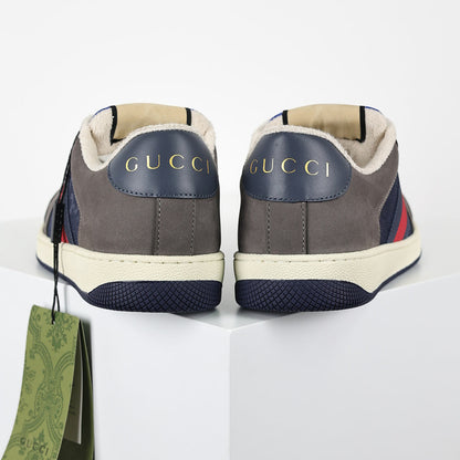 Gucci Screener Low-Top Sneakers – Grey Suede & Navy GG Canvas with Web Stripe