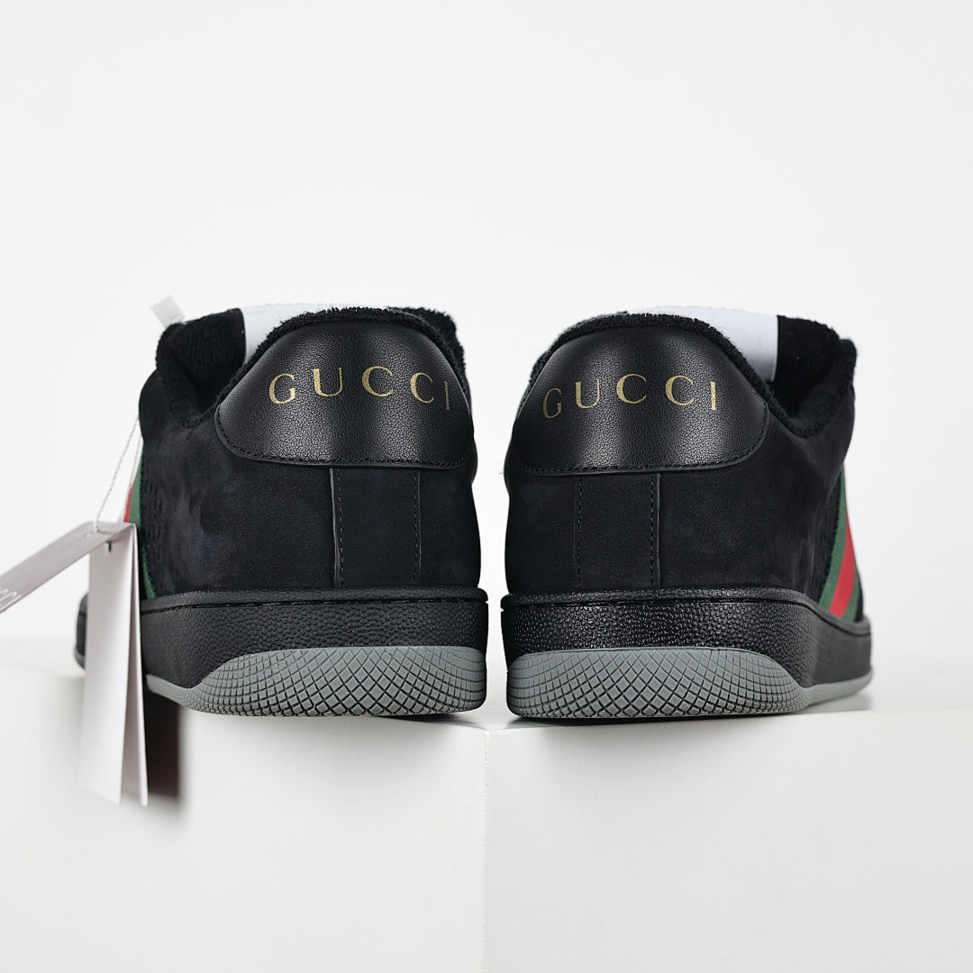 Gucci Screener Low-Top Sneakers – Triple Black GG Canvas & Suede with Web Stripe