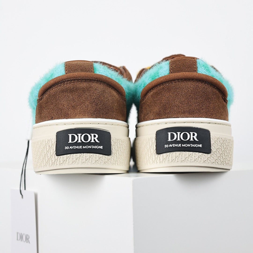 Dior B33 Low-Top Sneakers – Brown Suede & Turquoise Oblique with Yellow Laces