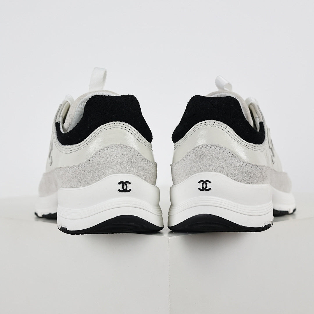 Chanel CC Logo Chunky Dad Sneakers – White Mesh & Suede with Black Rubber Accents