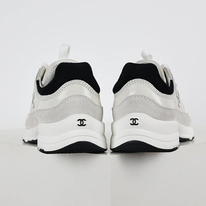 Chanel CC Logo Chunky Dad Sneakers – White Mesh & Suede with Black Rubber Accents