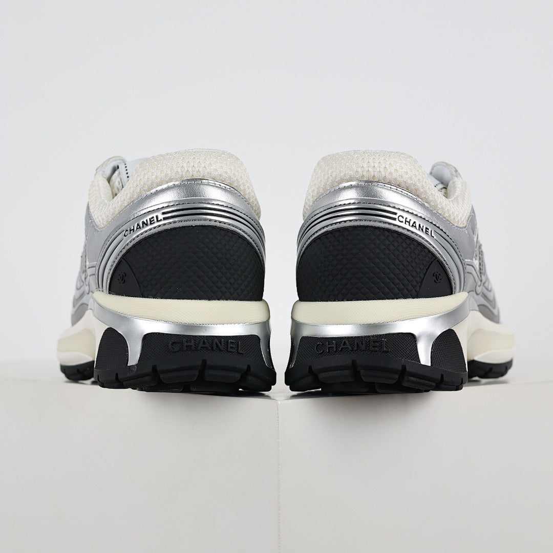 Chanel CC Logo Chunky Dad Sneakers – Silver Metallic Leather & White Mesh