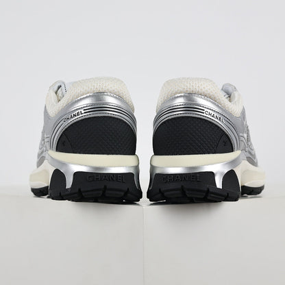 Chanel CC Logo Chunky Dad Sneakers – Silver Metallic Leather & White Mesh