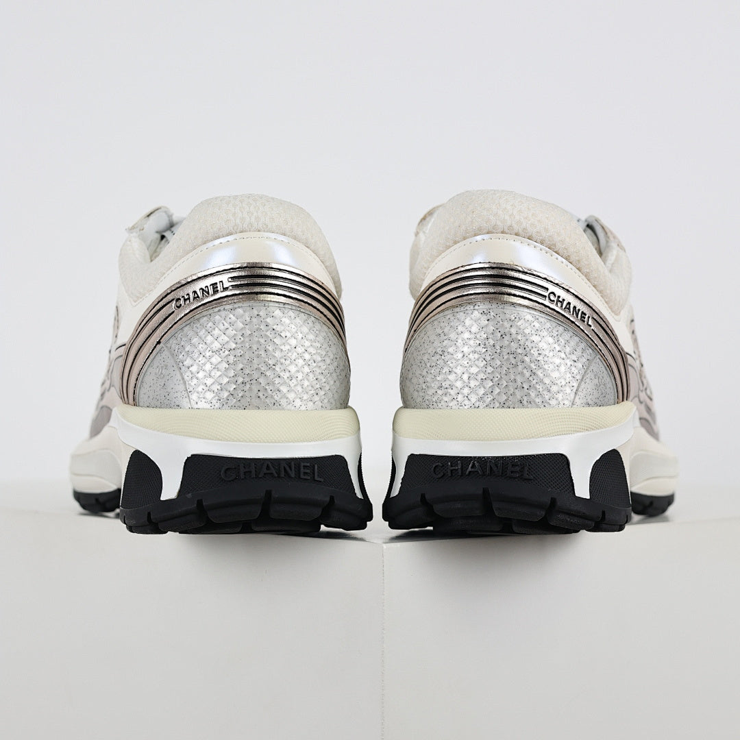Chanel CC Logo Chunky Dad Sneakers – Cream Mesh & Soft Silver Metallic Leather