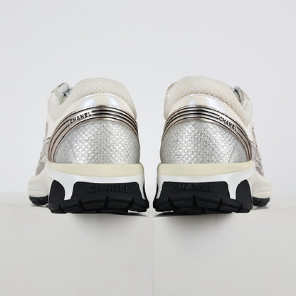 Chanel CC Logo Chunky Dad Sneakers – Cream Mesh & Soft Silver Metallic Leather