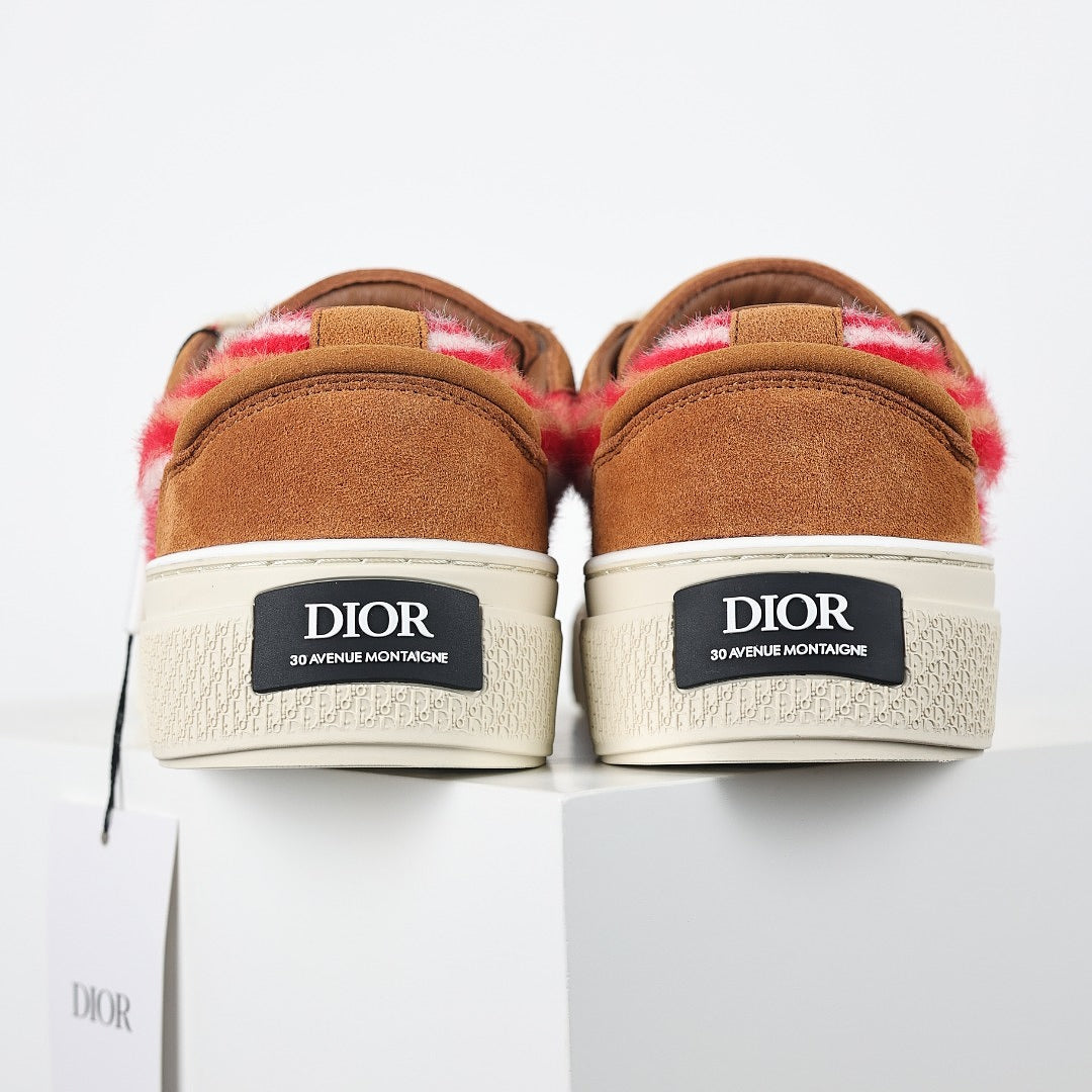 Dior B33 Low-Top Sneakers – Camel Suede & Red Stripe Knit