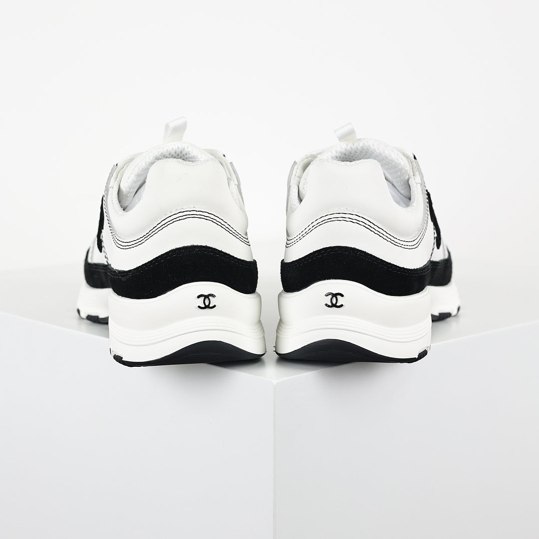 Chanel CC Logo Runner Sneakers – White Leather & Black Suede