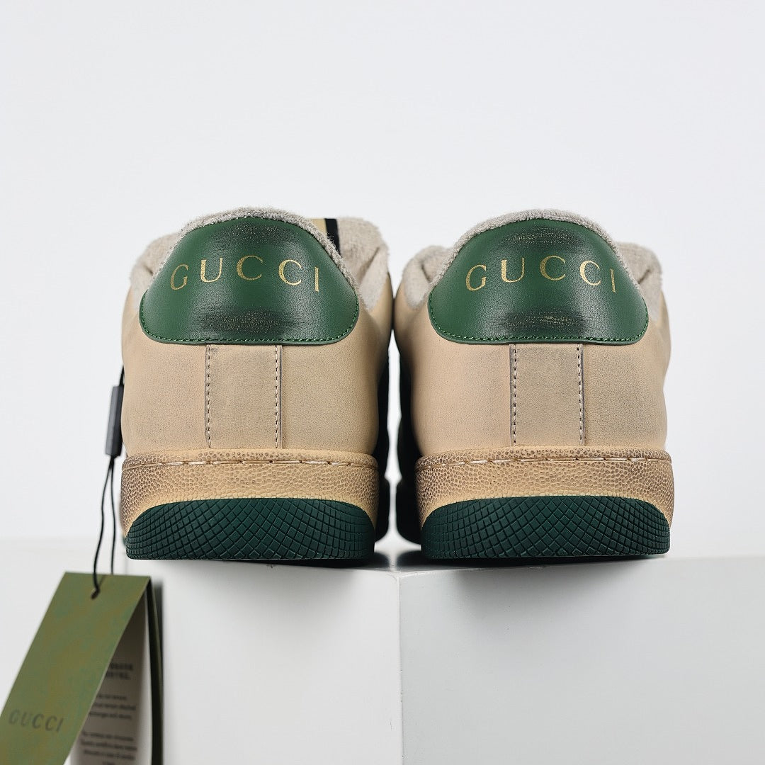 Gucci Screener Low-Top Sneakers – Distressed Leather with Green Trim & Web Stripe