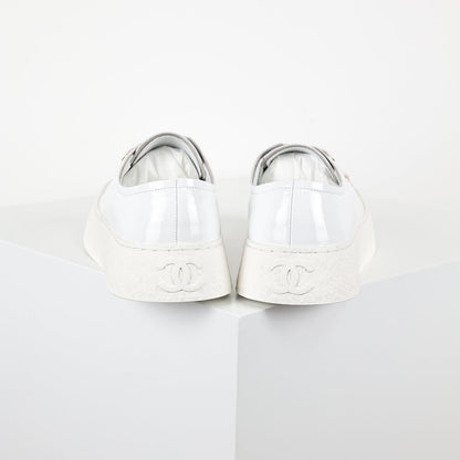 Chanel Low-Top Platform Sneakers – White Leather with Gold CC Lace Charm