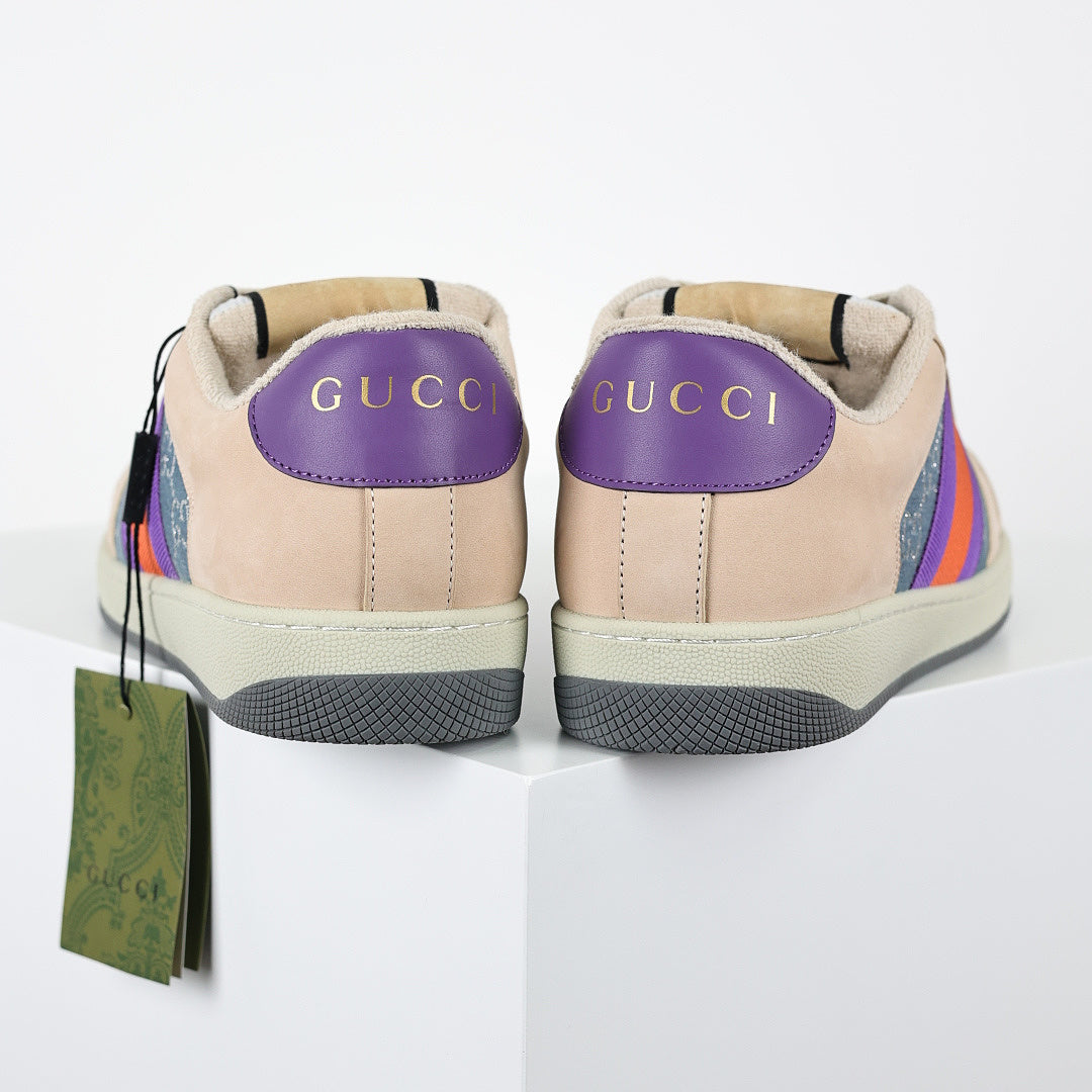 Gucci Screener Low-Top Sneakers – GG Denim Canvas with Purple Leather Trim & Web Stripe