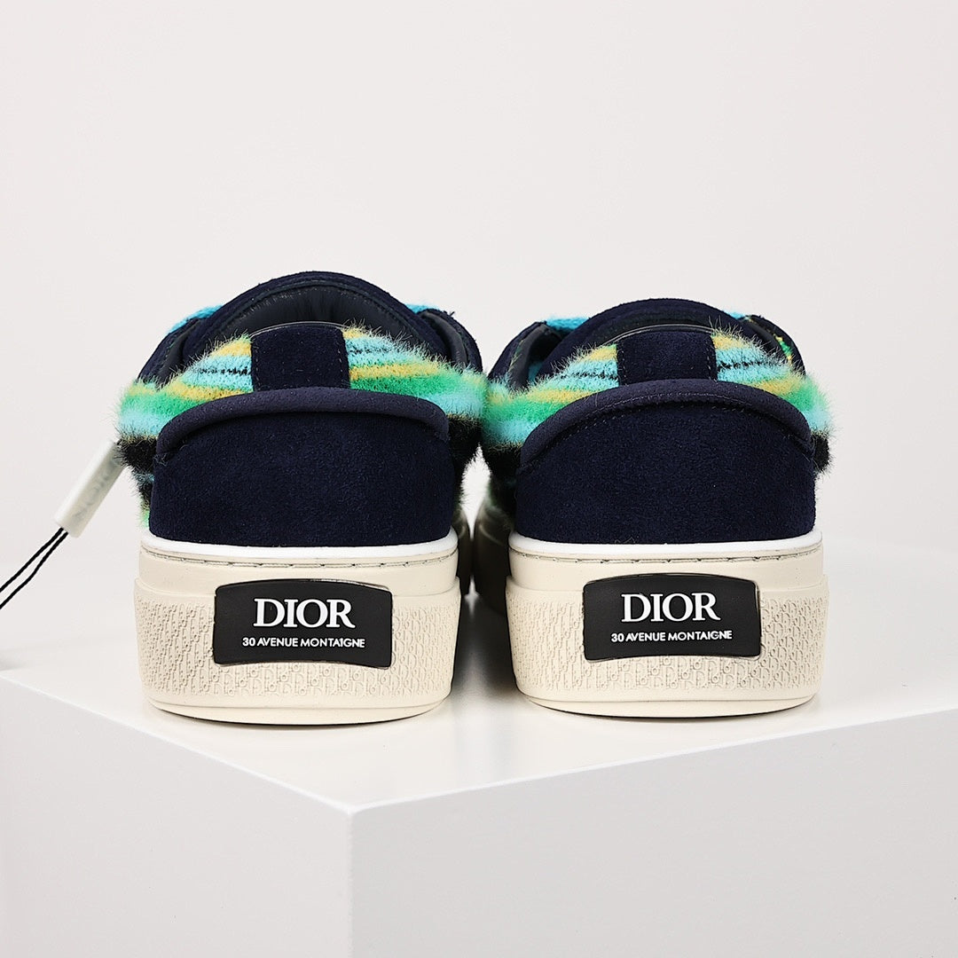 Dior B33 Low-Top Sneakers – Navy Suede & Multicolor Stripe Knit with Turquoise Laces