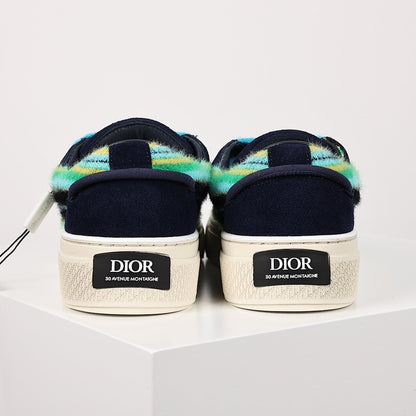 Dior B33 Low-Top Sneakers – Navy Suede & Multicolor Stripe Knit with Turquoise Laces