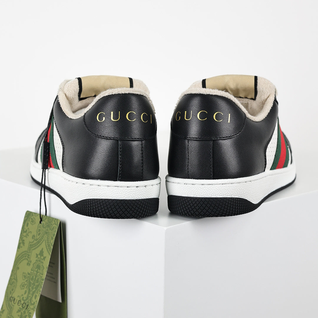 Gucci Screener Low-Top Sneakers – Black & White Leather with Web Stripe