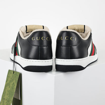 Gucci Screener Low-Top Sneakers – Black & White Leather with Web Stripe