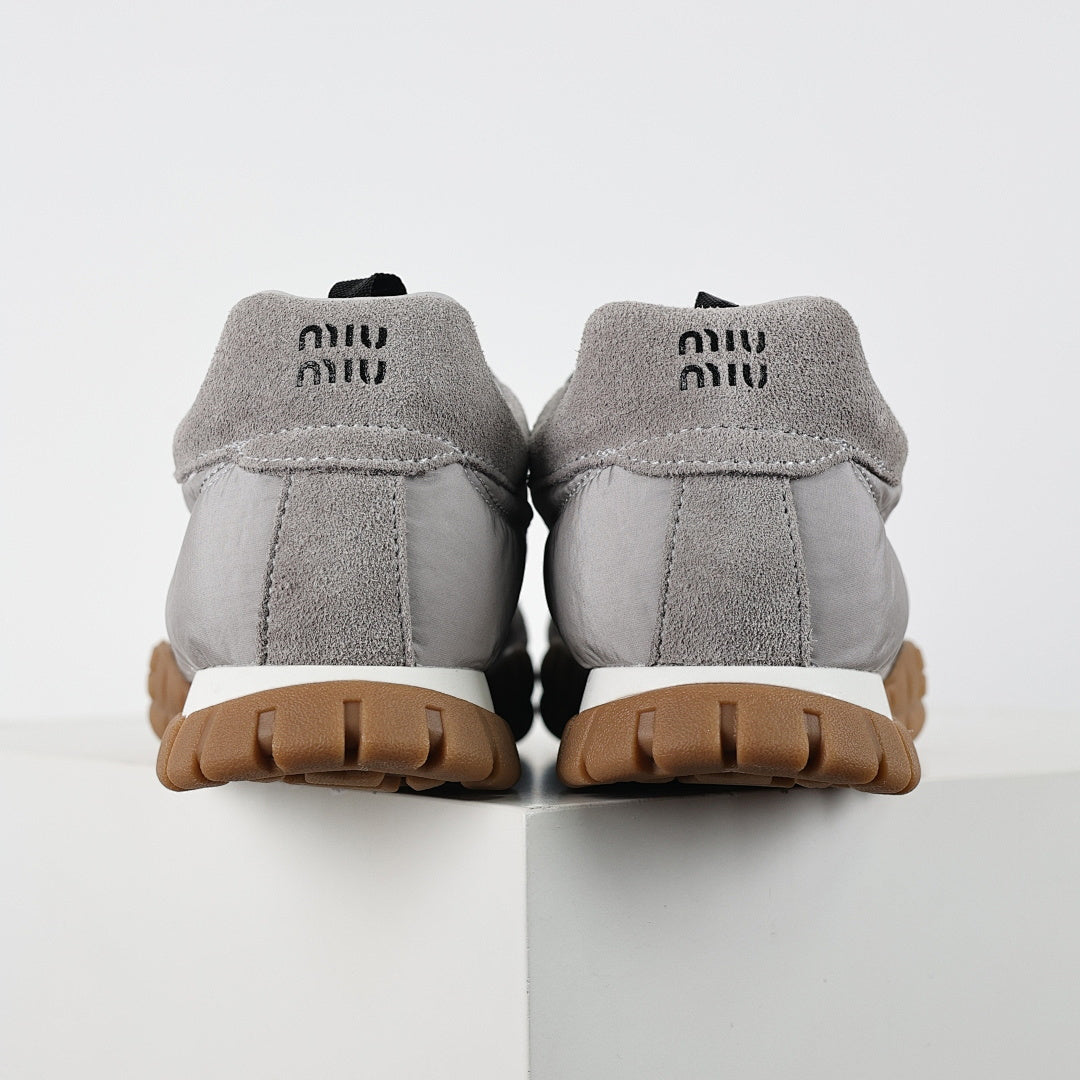 Miu Miu SS25 Quilted Nylon & Suede Sneakers in Grey