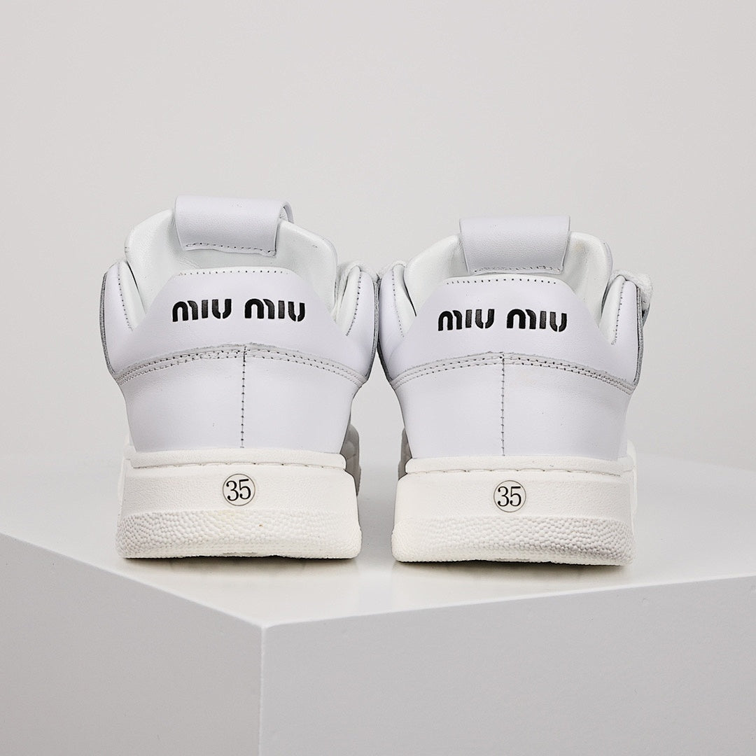 Miu Miu Oversized Lace Leather Low-Top Sneakers in White