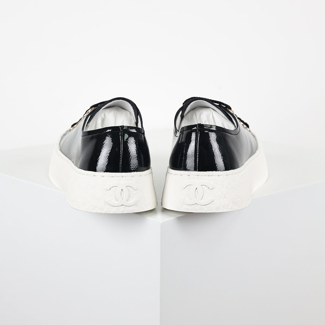 Chanel Low-Top Platform Sneakers – Black Patent Leather with Gold CC Lace Charm