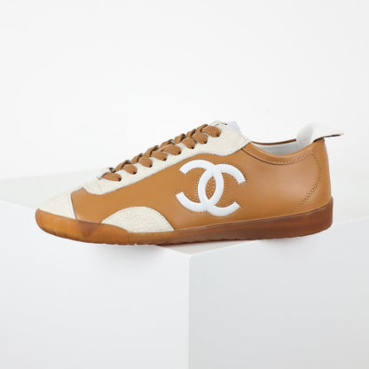 Chanel CC Logo Retro Sport Sneakers – Caramel Leather & Cream Suede with Gum Sole