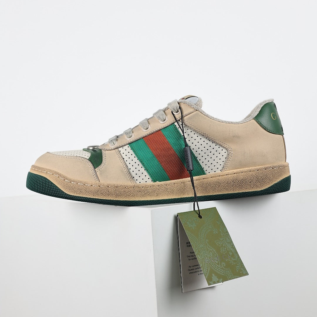 Gucci Screener Low-Top Sneakers – Distressed Leather with Green Trim & Web Stripe