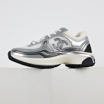 Chanel CC Logo Chunky Dad Sneakers – Silver Metallic Leather & White Mesh
