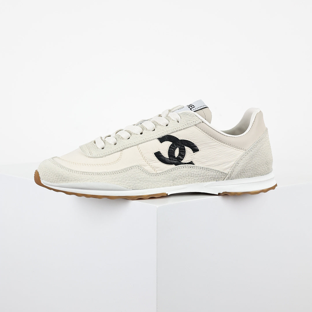 Chanel CC Logo Runner Sneakers – Cream Nylon & Suede with Caramel Sole