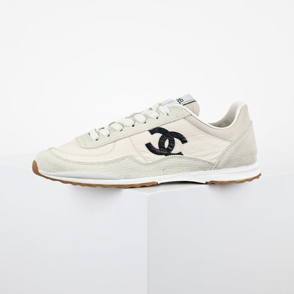 Chanel CC Logo Runner Sneakers – Cream Nylon & Suede with Caramel Sole