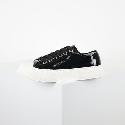 Chanel Low-Top Platform Sneakers – Black Patent Leather with Gold CC Lace Charm