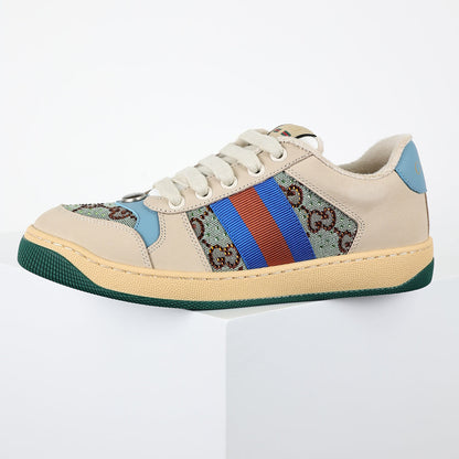 Gucci Screener Low-Top Sneakers – GG Supreme Canvas with Sky Blue Leather Trim & Green Sole