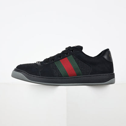 Gucci Screener Low-Top Sneakers – Triple Black GG Canvas & Suede with Web Stripe
